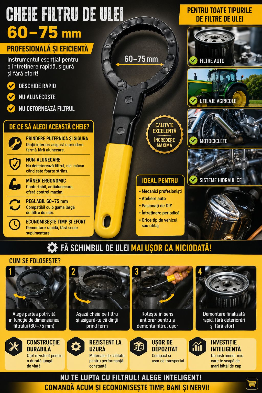 Cheie Filtru Ulei 60-75mm – Profesională, Grip Dințat, Mâner Ergonomic