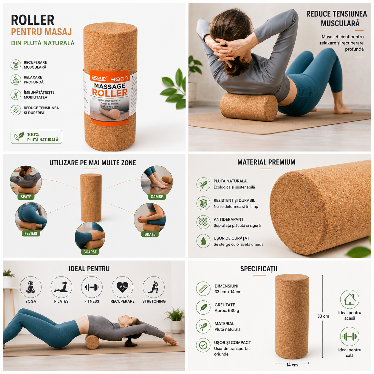 Roller Rece pentru Masaj din Plută Naturală – Yoga, Fitness și Recuperare Musculară
