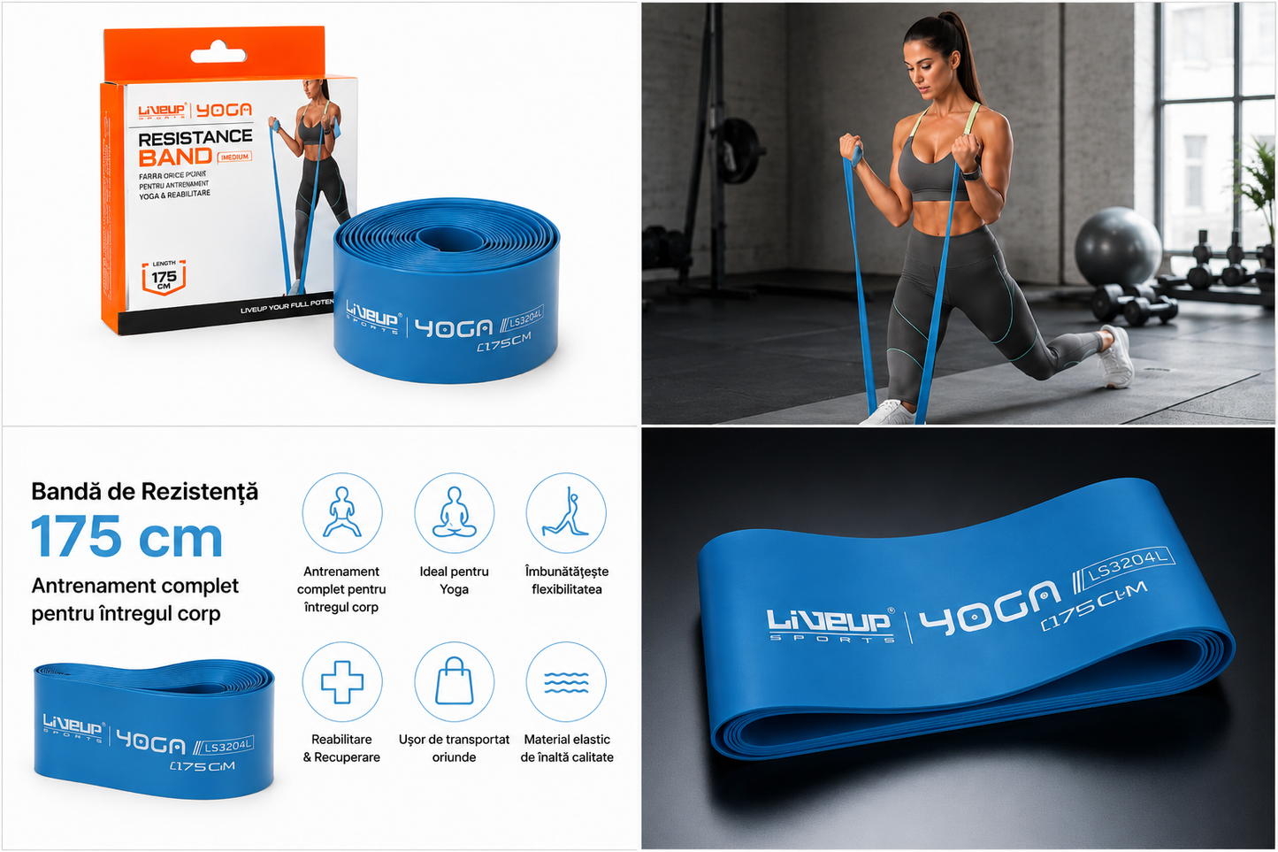 Bandă Elastică de Rezistență Yoga LiveUp 175 cm-Bandă Fitness pentru Antrenamente Acasă, Pilates, Stretching și Recuperare