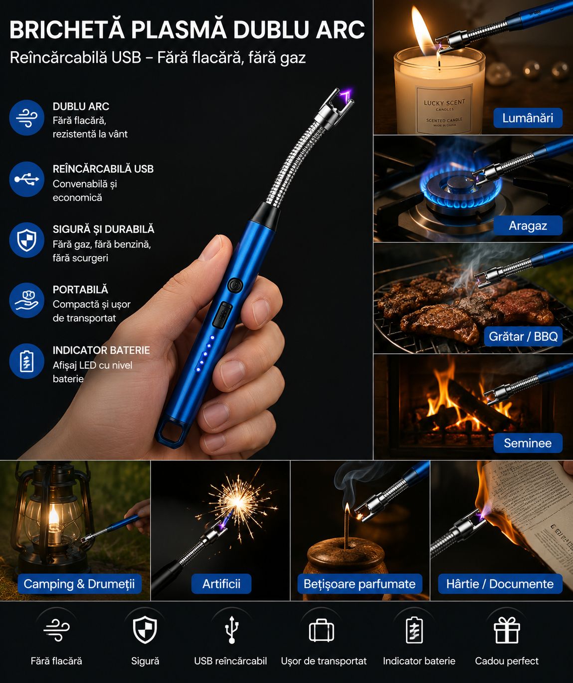 Bricheta electrica cu plasma si arc– Reîncărcabilă USB, Fără Flacără
