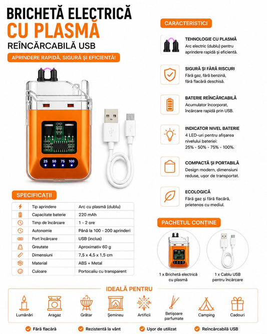 Brichetă Plasma Dublu Arc – Reîncărcabilă USB, Impermeabilă, Transparentă