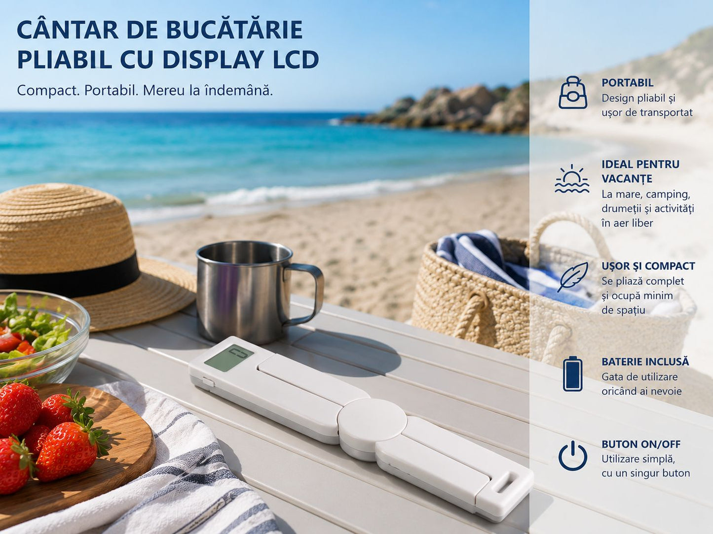 Cântar de Bucătărie Pliabil cu Display LCD – 5kg, Alb, Compact