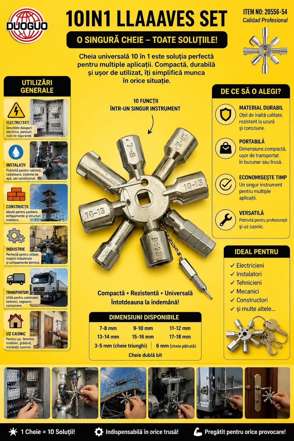 Cheie Universală  – 10 Vârfuri, Oțel, pentru Dulapuri Gaz, Electrice, Calorifere