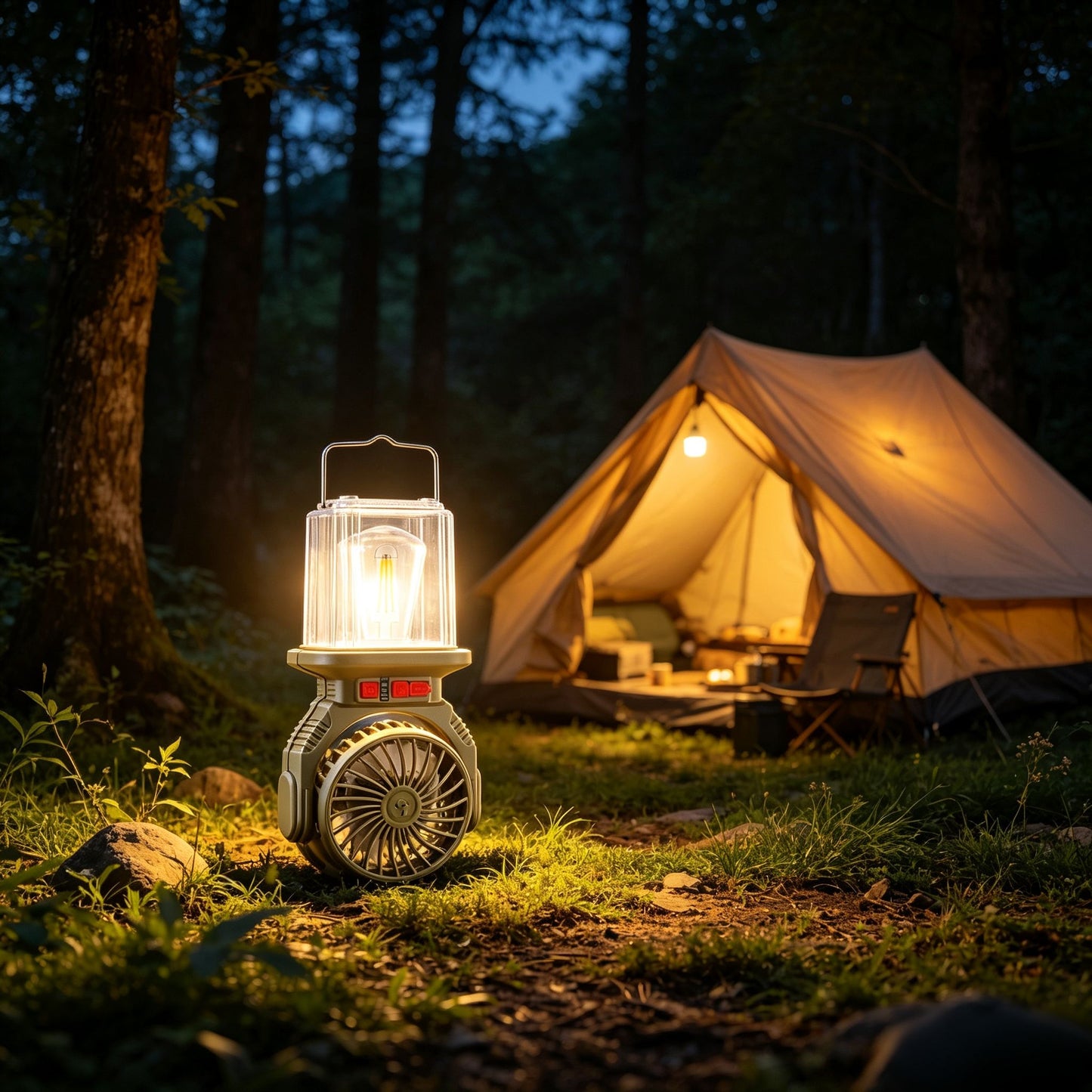 Ventilator Portabil de Camping cu Panou Solar și Baterie Litiu – Lumină LED 2-în-1, Rezistent la Apă IP66, 5000K Lumină Naturală