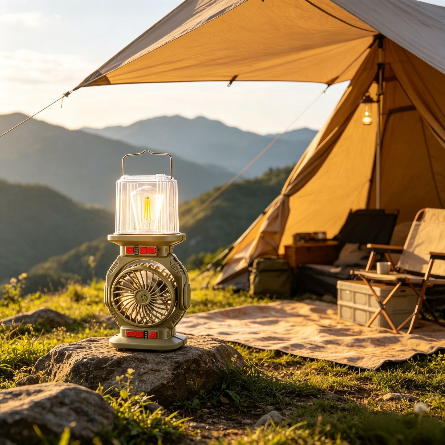 Ventilator Portabil de Camping cu Panou Solar și Baterie Litiu – Lumină LED 2-în-1, Rezistent la Apă IP66, 5000K Lumină Naturală