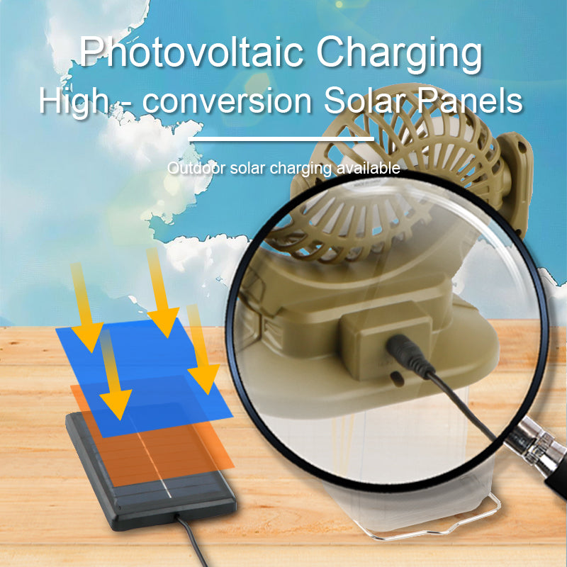 Ventilator Portabil de Camping cu Panou Solar și Baterie Litiu – Lumină LED 2-în-1, Rezistent la Apă IP66, 5000K Lumină Naturală