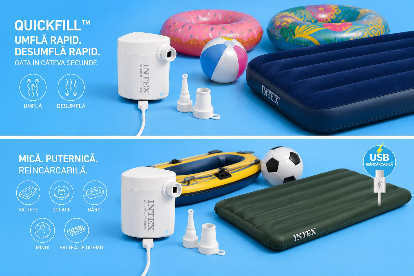 Mini Pompă Electrică Reîncărcabilă USB Intex QuickFill™ USB – Umflare și Dezumflare Rapidă