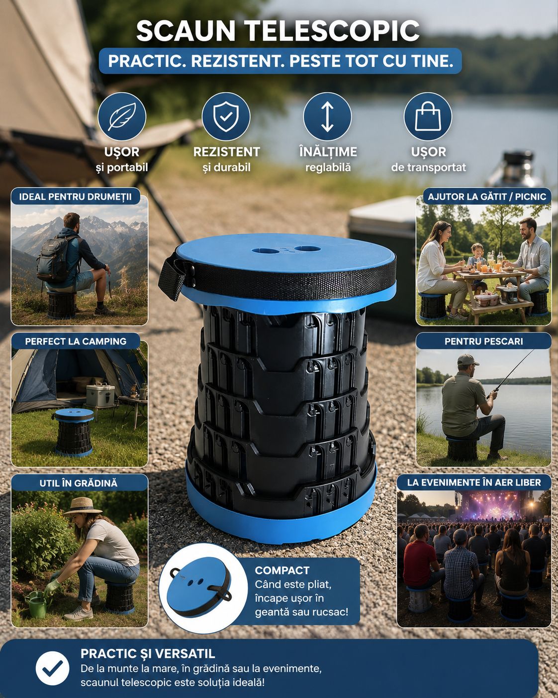 Scaun Pliabil Telescopic Portabil – Camping, Pescuit & Grădină