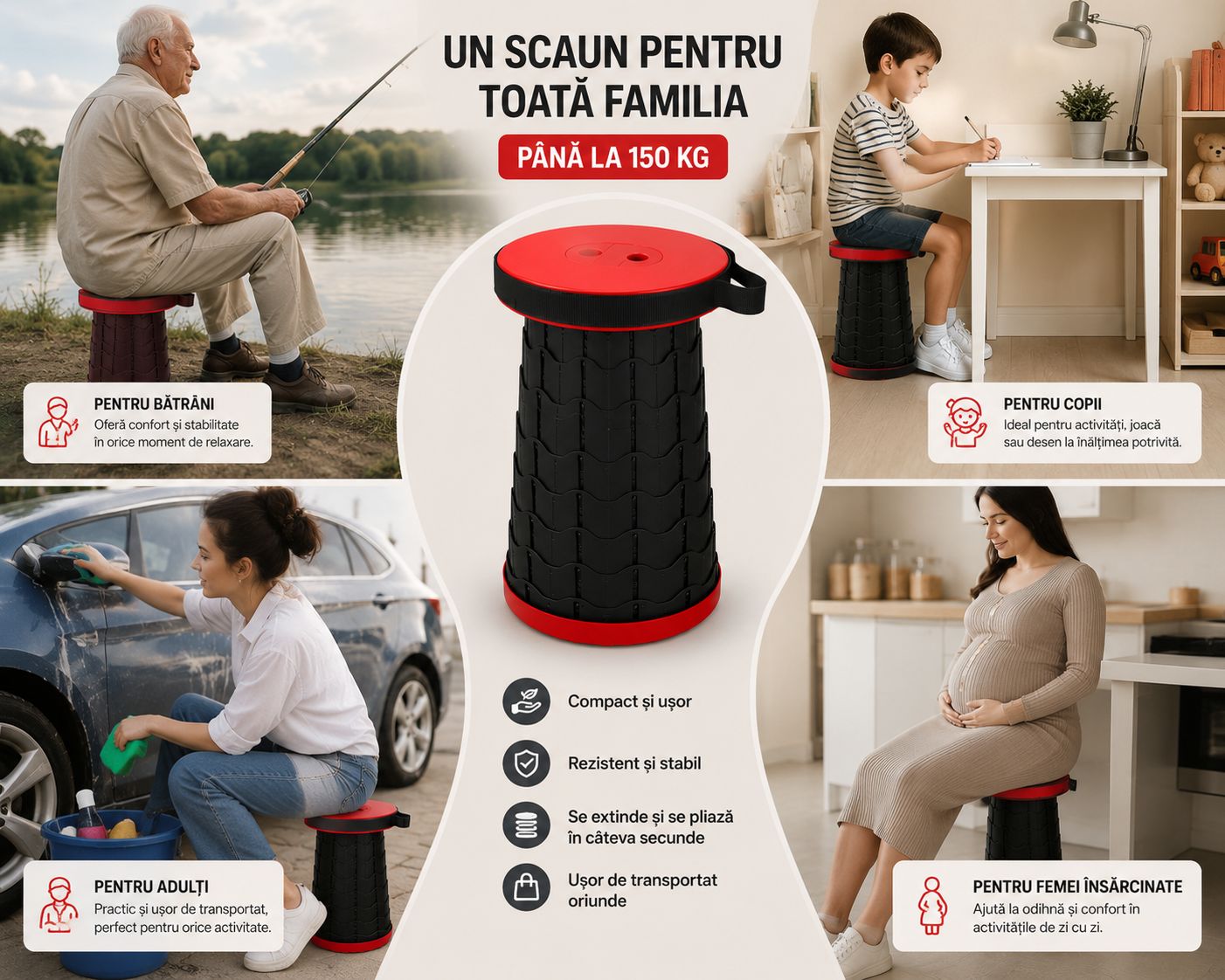 Scaun Pliabil Telescopic Portabil – Camping, Pescuit & Grădină